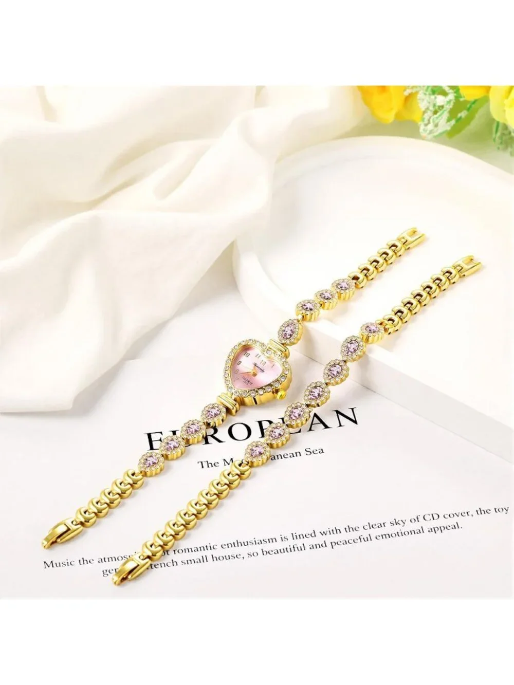 Women's Pink Heart Dial Bracelet Set Birthstone Crystal Quartz Display Watches